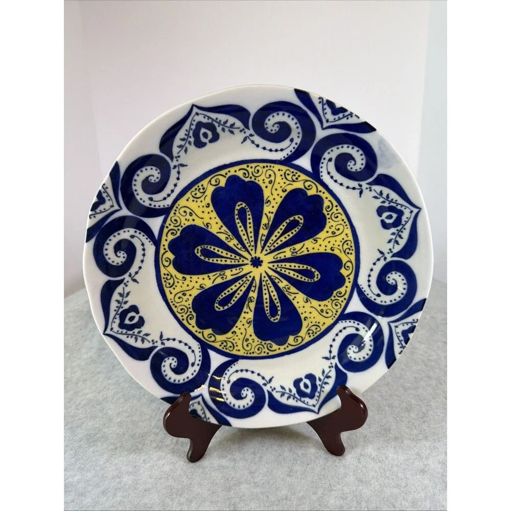 Anthropologie Cordoba Blue Yellow Floral Dinner Plate Handpainted Pottery